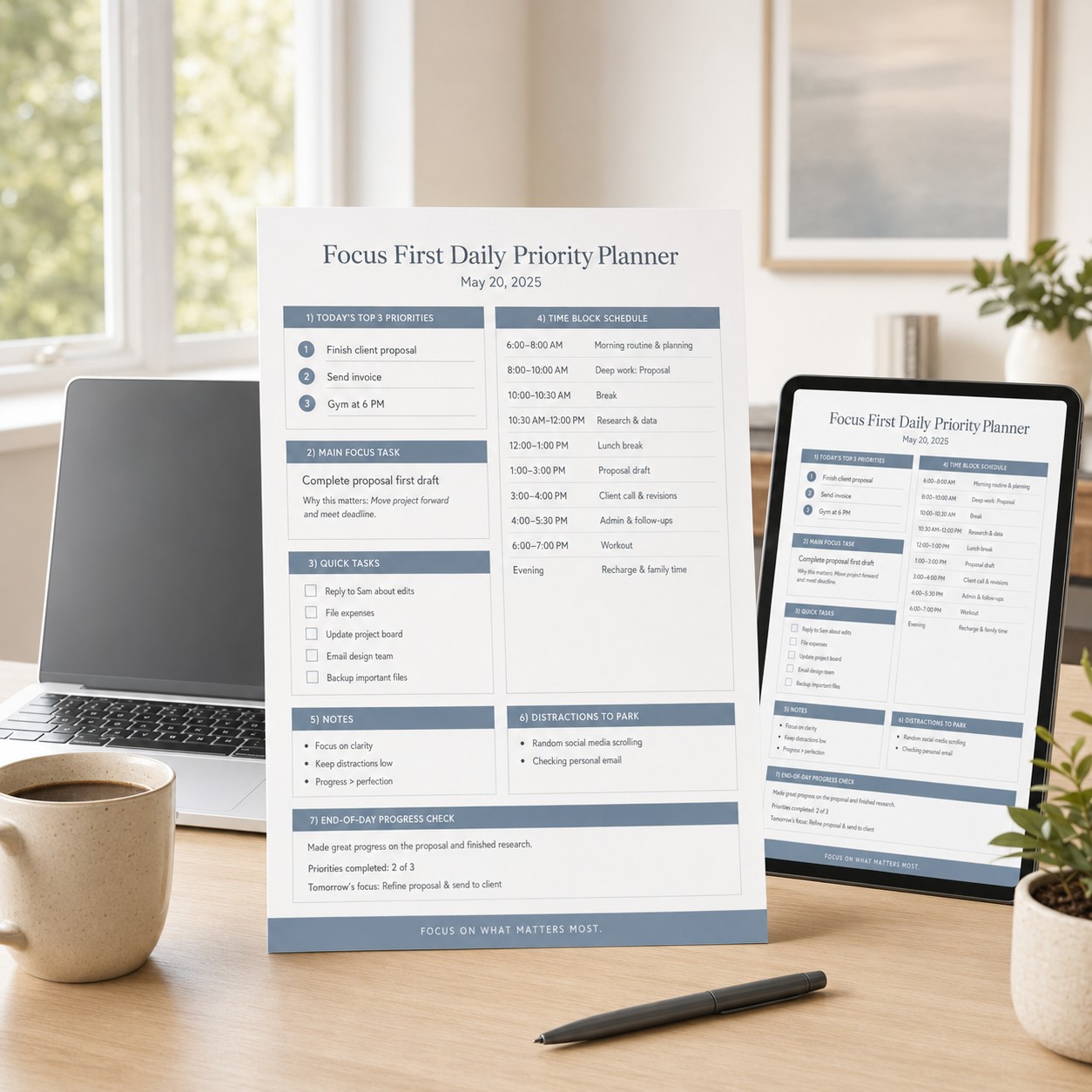 Focus First — 1-Page Daily Priority Planner PDF